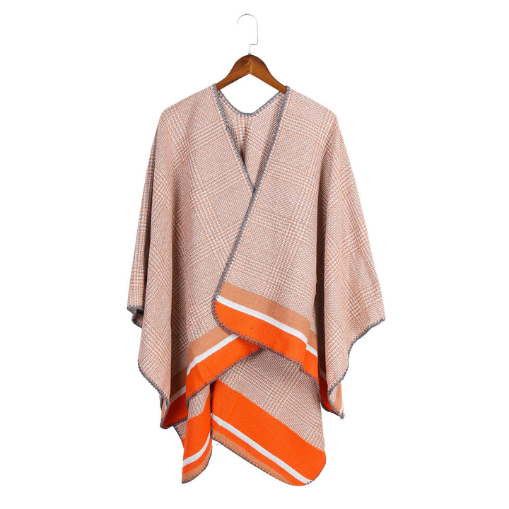 Damen Oversize-Ruana aus Wollmix mit Karojacquard und farbigem Streifenrand Drune