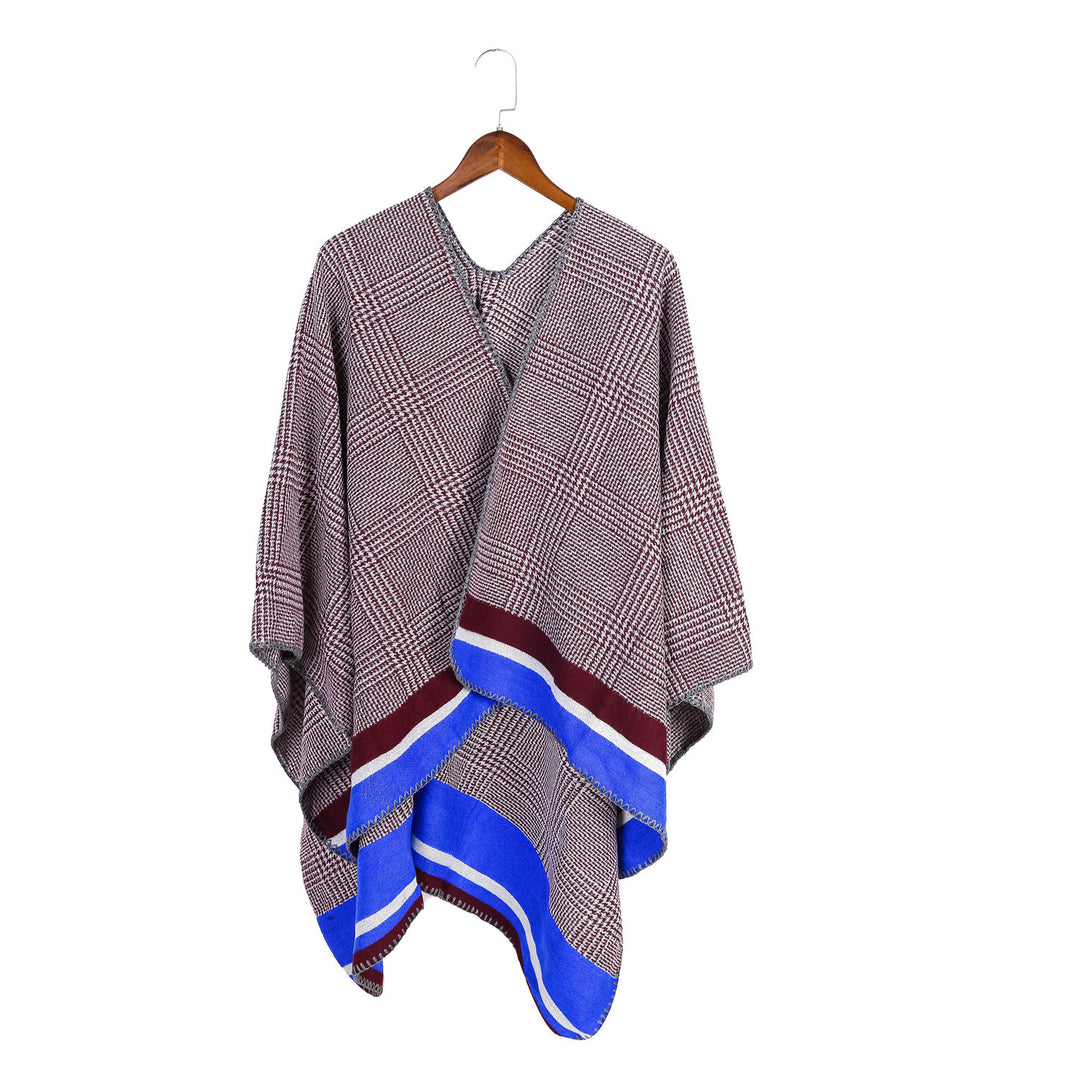 Damen Oversize-Ruana aus Wollmix mit Karojacquard und farbigem Streifenrand Drune