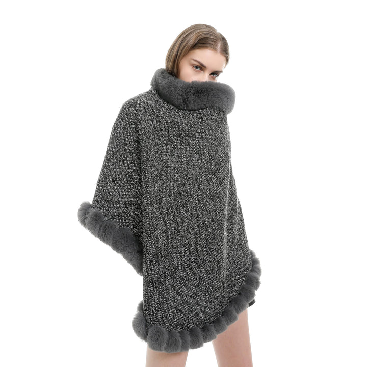 Damen Fein gestrickter Ruana-Poncho mit Kunstfellbesatz und asymmetrischem Saum Drune