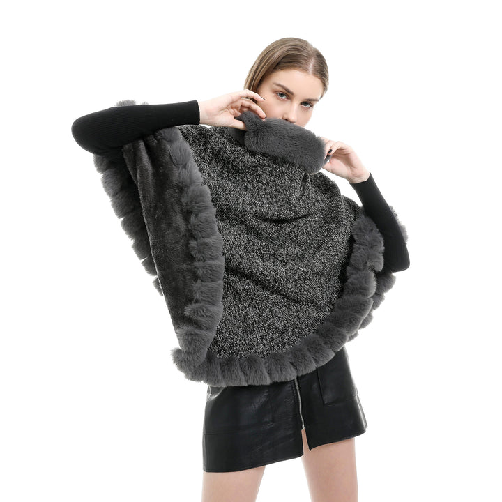 Damen Fein gestrickter Ruana-Poncho mit Kunstfellbesatz und asymmetrischem Saum Drune