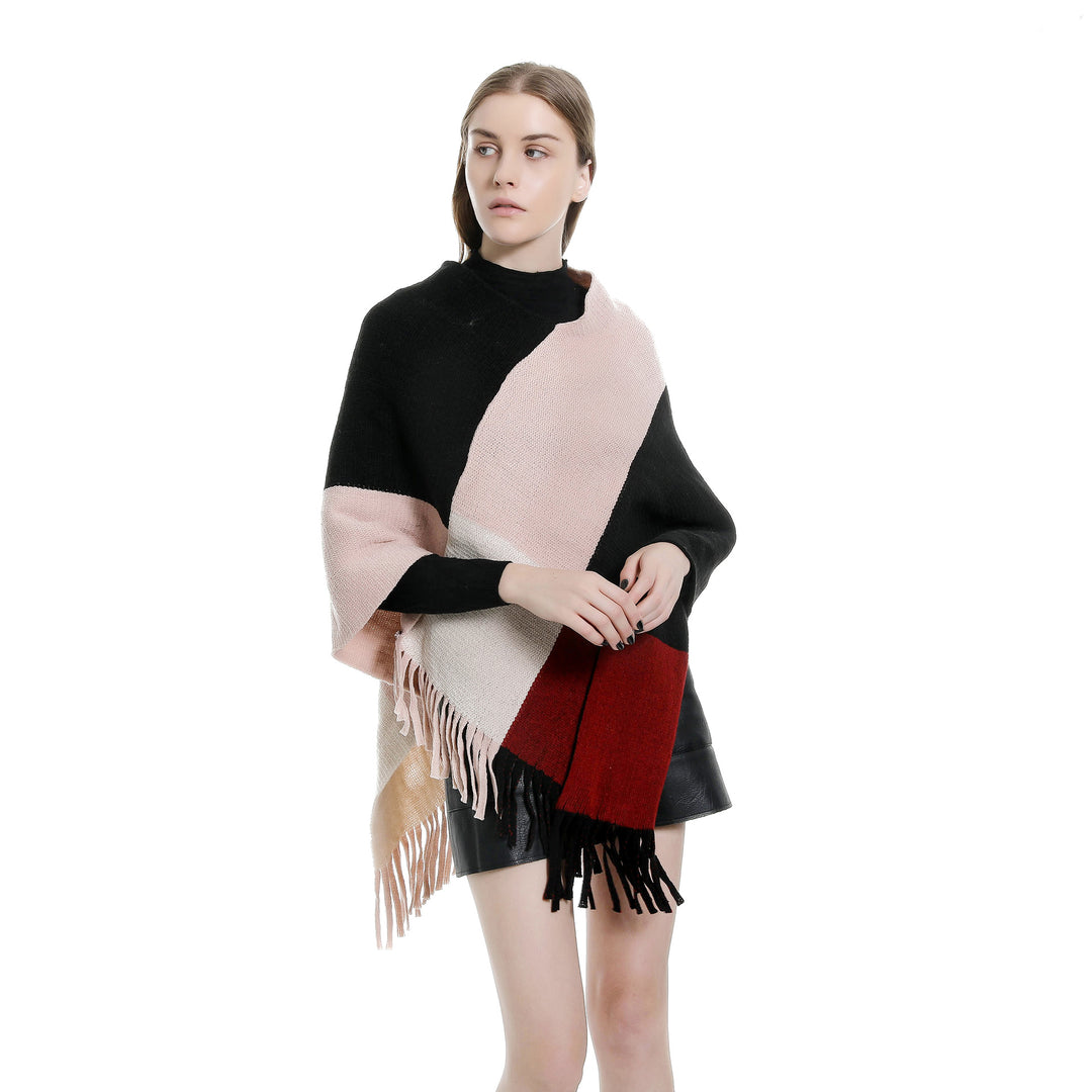 Damen Oversize-Ruana-Poncho mit farbigen Blockelementen und Fransensaum Drune