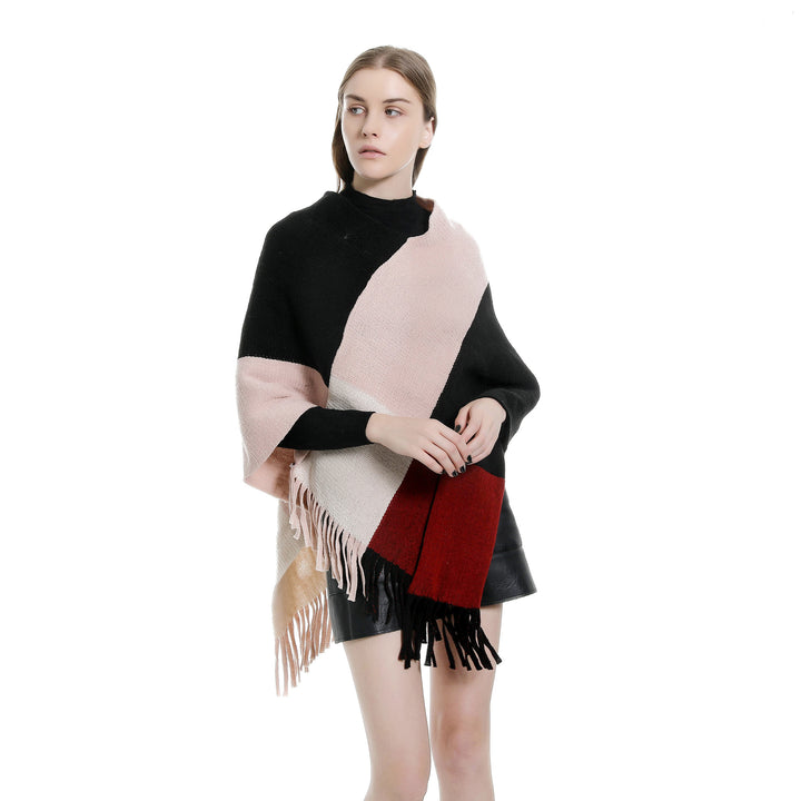 Damen Oversize-Ruana-Poncho mit farbigen Blockelementen und Fransensaum Drune
