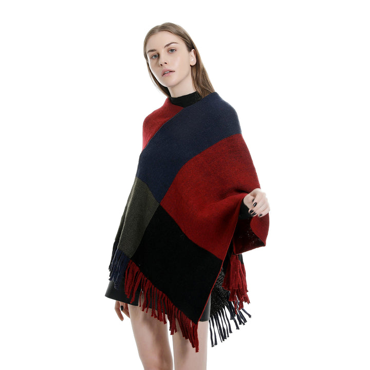 Damen Oversize-Ruana-Poncho mit farbigen Blockelementen und Fransensaum Drune