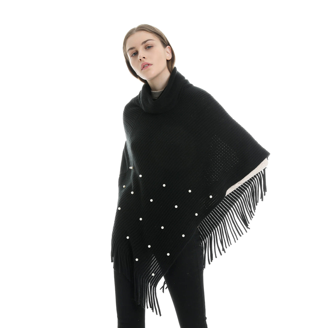 Damen Feinstrick-Poncho mit Rollkragen, Perlenapplikation und Fransensaum Drune