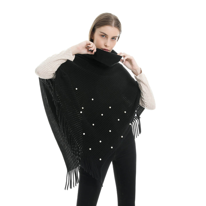 Damen Feinstrick-Poncho mit Rollkragen, Perlenapplikation und Fransensaum Drune