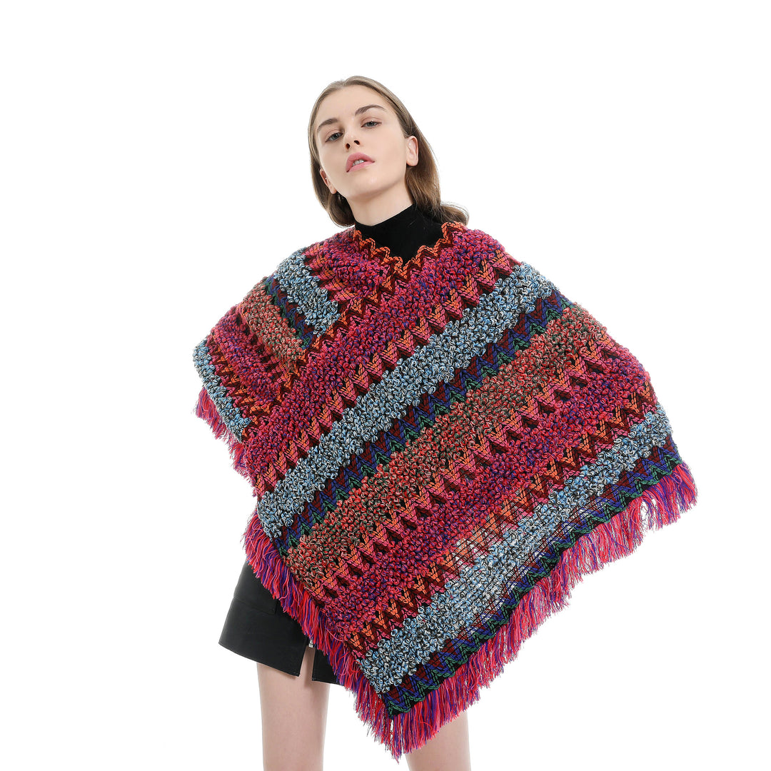 Damen Mehrfarbiger Grobstrick-Poncho mit Zickzack-Jacquard und Fransen Drune