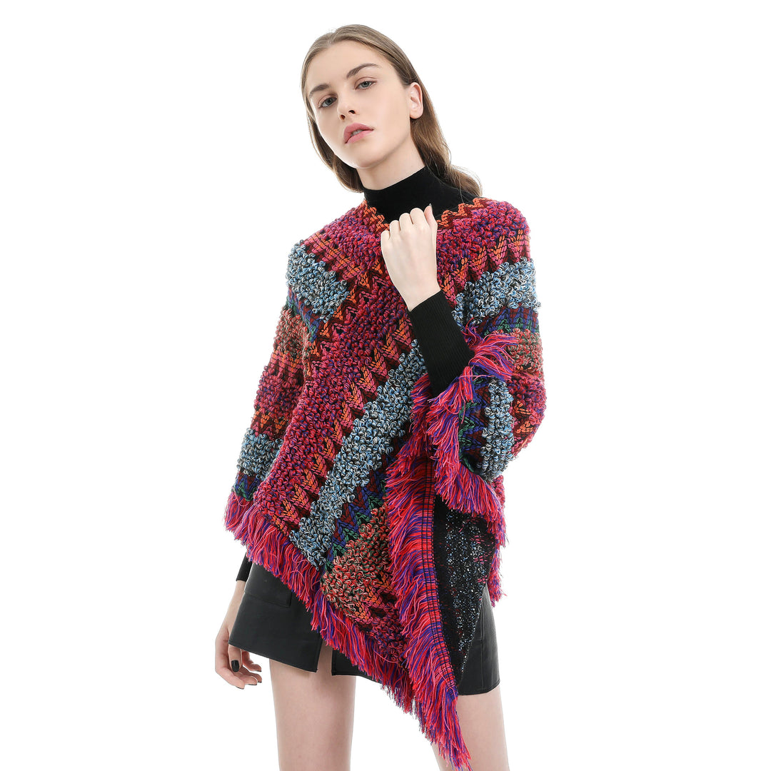 Damen Mehrfarbiger Grobstrick-Poncho mit Zickzack-Jacquard und Fransen Drune