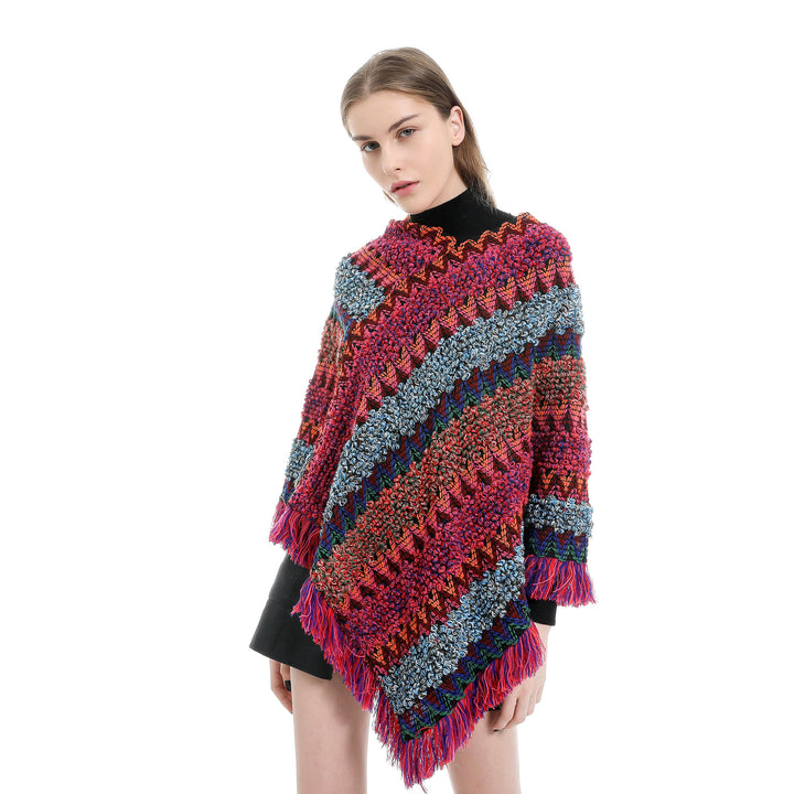Damen Mehrfarbiger Grobstrick-Poncho mit Zickzack-Jacquard und Fransen Drune