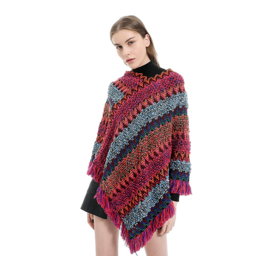 Damen Mehrfarbiger Grobstrick-Poncho mit Zickzack-Jacquard und Fransen Drune