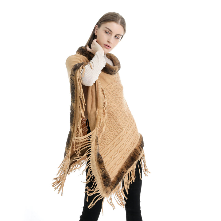 Damen Eleganter Wollmix‑Poncho mit Kunstfellbesatz und Fransensaum Drune
