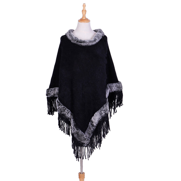 Damen Eleganter Wollmix‑Poncho mit Kunstfellbesatz und Fransensaum Drune