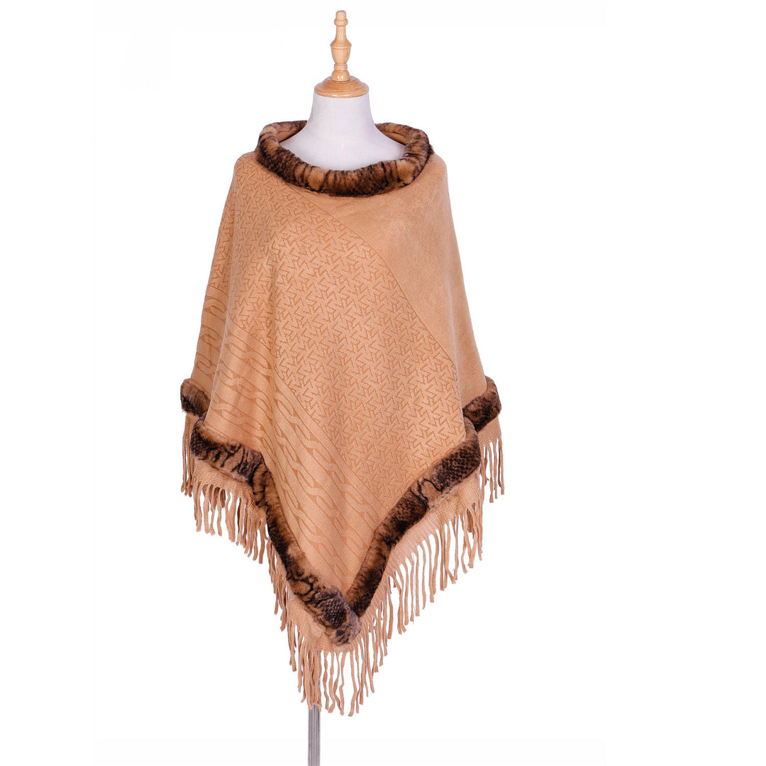 Damen Eleganter Wollmix‑Poncho mit Kunstfellbesatz und Fransensaum Drune