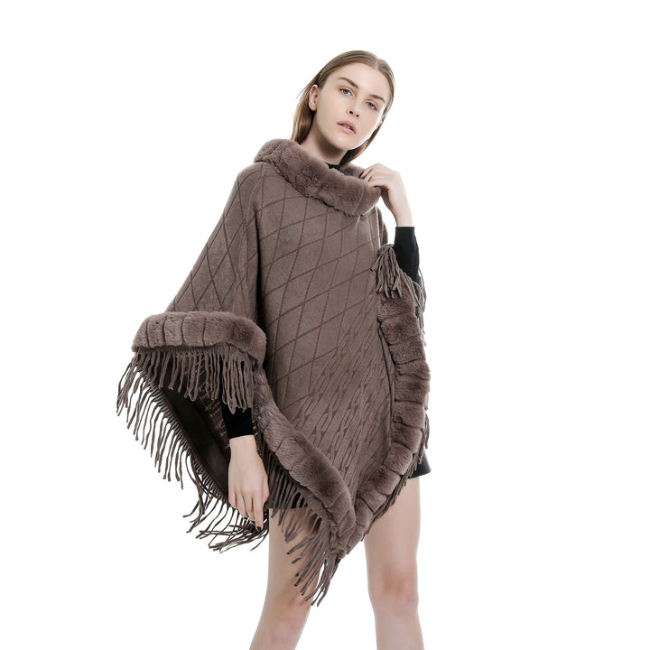 Damen Wolloptik-Ruana mit Kunstfellkragen, Fransensaum und Oversize-Fall Drune