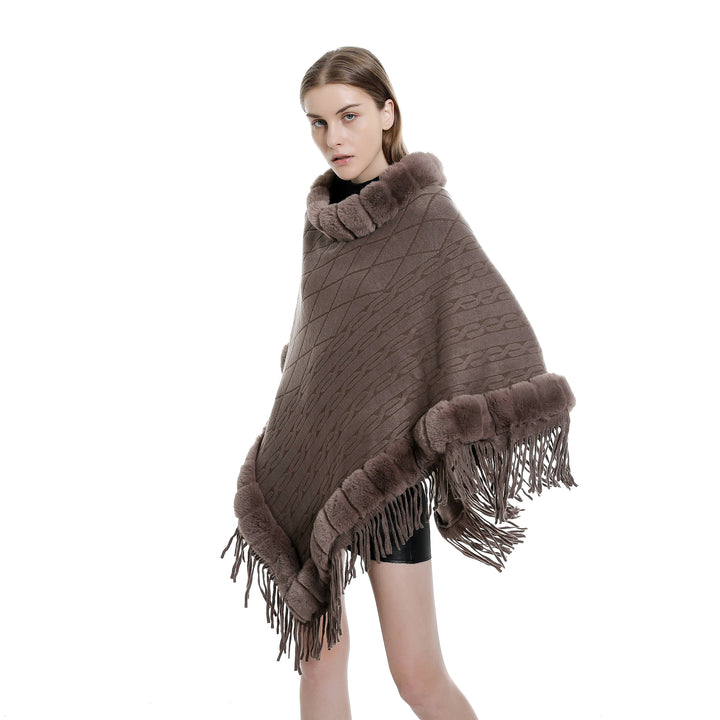 Damen Wolloptik-Ruana mit Kunstfellkragen, Fransensaum und Oversize-Fall Drune