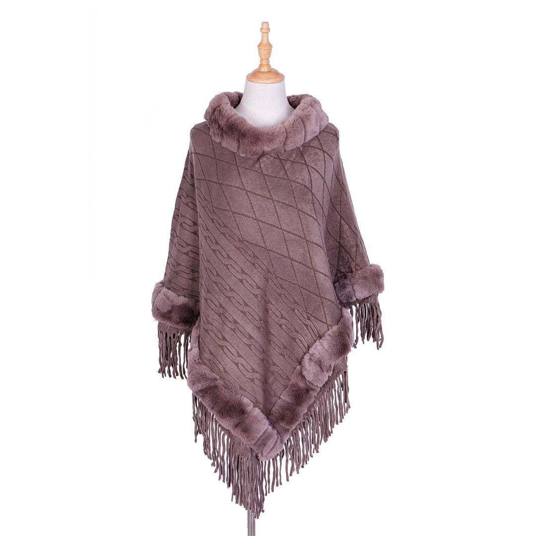 Damen Wolloptik-Ruana mit Kunstfellkragen, Fransensaum und Oversize-Fall Drune
