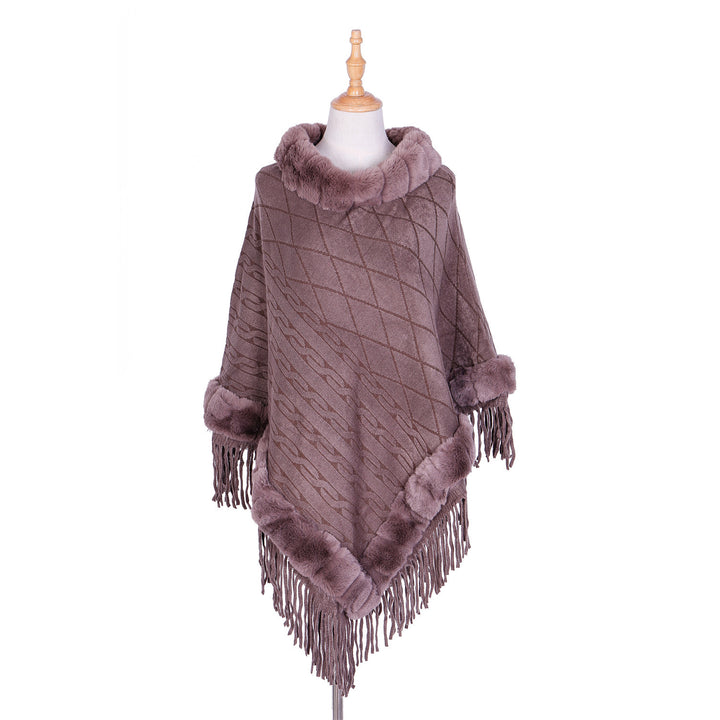Damen Wolloptik-Ruana mit Kunstfellkragen, Fransensaum und Oversize-Fall Drune