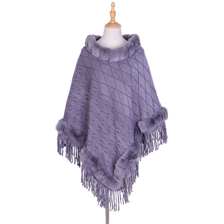 Damen Wolloptik-Ruana mit Kunstfellkragen, Fransensaum und Oversize-Fall Drune