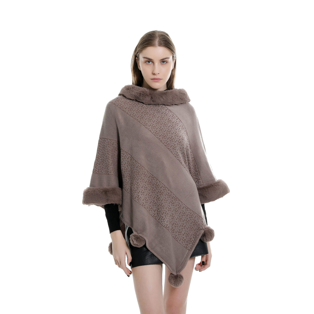 Damen Ruana-Poncho mit Kunstfellbesatz, Kaschmir-Touch und Bommel-Saum Drune