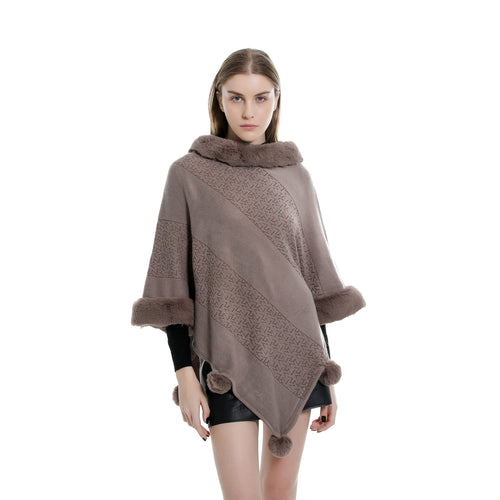 Damen Ruana-Poncho mit Kunstfellbesatz, Kaschmir-Touch und Bommel-Saum Drune
