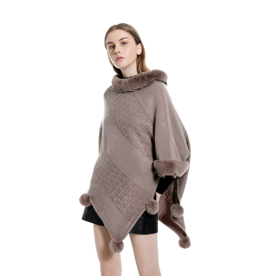 Damen Ruana-Poncho mit Kunstfellbesatz, Kaschmir-Touch und Bommel-Saum Drune