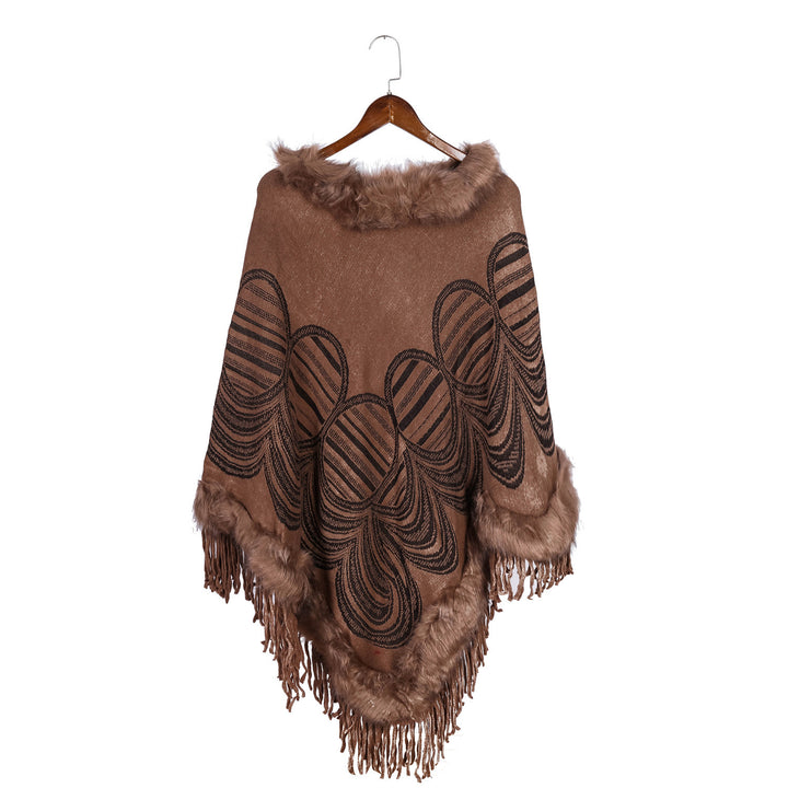 Damen Fransen‑Poncho mit Kunstfellbesatz und Jacquard‑Ruana Drune