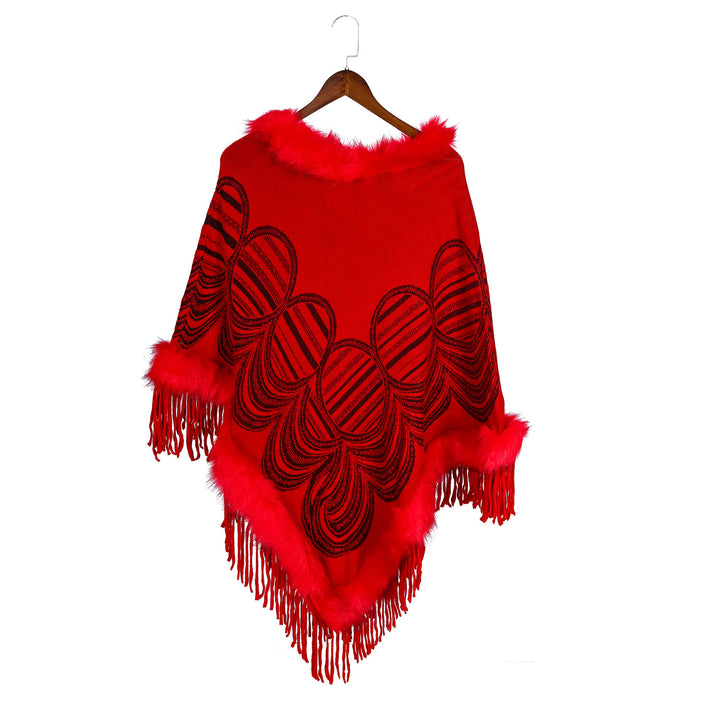 Damen Fransen‑Poncho mit Kunstfellbesatz und Jacquard‑Ruana Drune