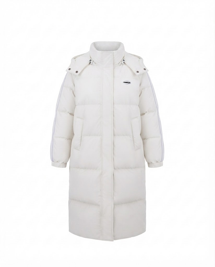 Damen nan längerer steppthermocoat mit hohem Stehkragen, Sportstreifen und integrierter Brusttasche