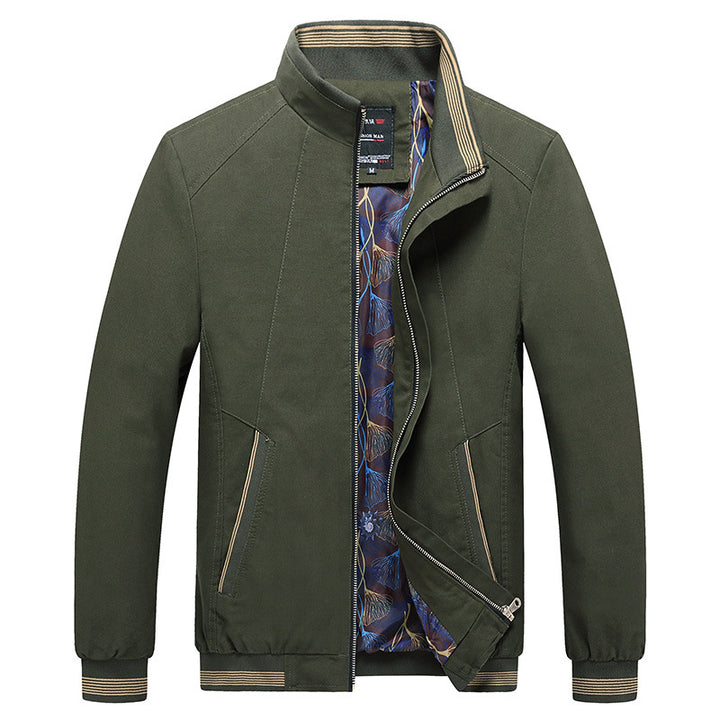 Herren Leichte Harrington-Jacke mit Stehkragen, verdecktem Reißverschluss, gestreiften Rippbündchen & gemustertem Innenfutter Drune
