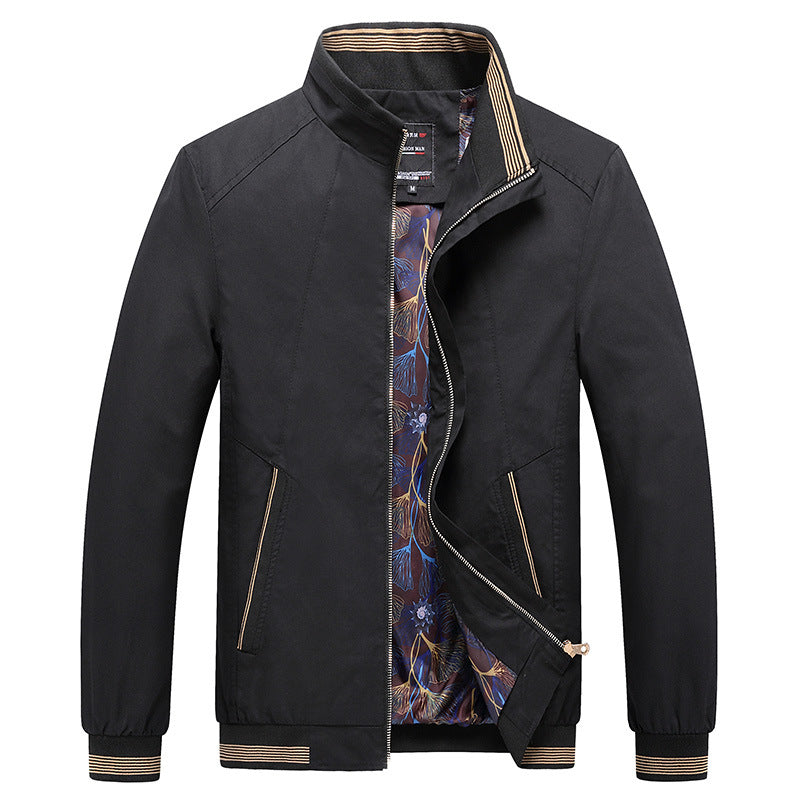 Herren Leichte Harrington-Jacke mit Stehkragen, verdecktem Reißverschluss, gestreiften Rippbündchen & gemustertem Innenfutter Drune