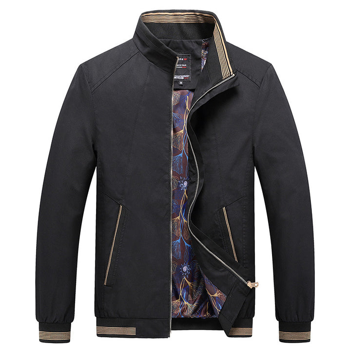 Herren Leichte Harrington-Jacke mit Stehkragen, verdecktem Reißverschluss, gestreiften Rippbündchen & gemustertem Innenfutter Drune