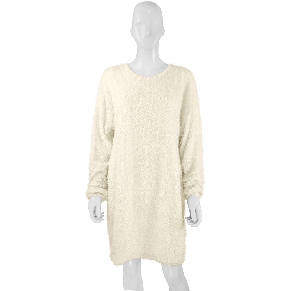 Damen Kuscheliges Oversize Plüsch-Kleid mit Rundhalsausschnitt Drune