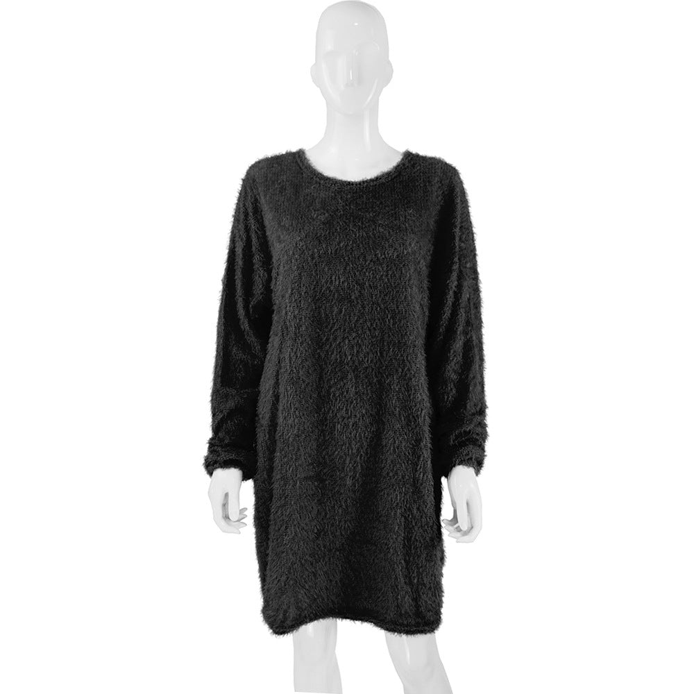 Damen Kuscheliges Oversize Plüsch-Kleid mit Rundhalsausschnitt Drune