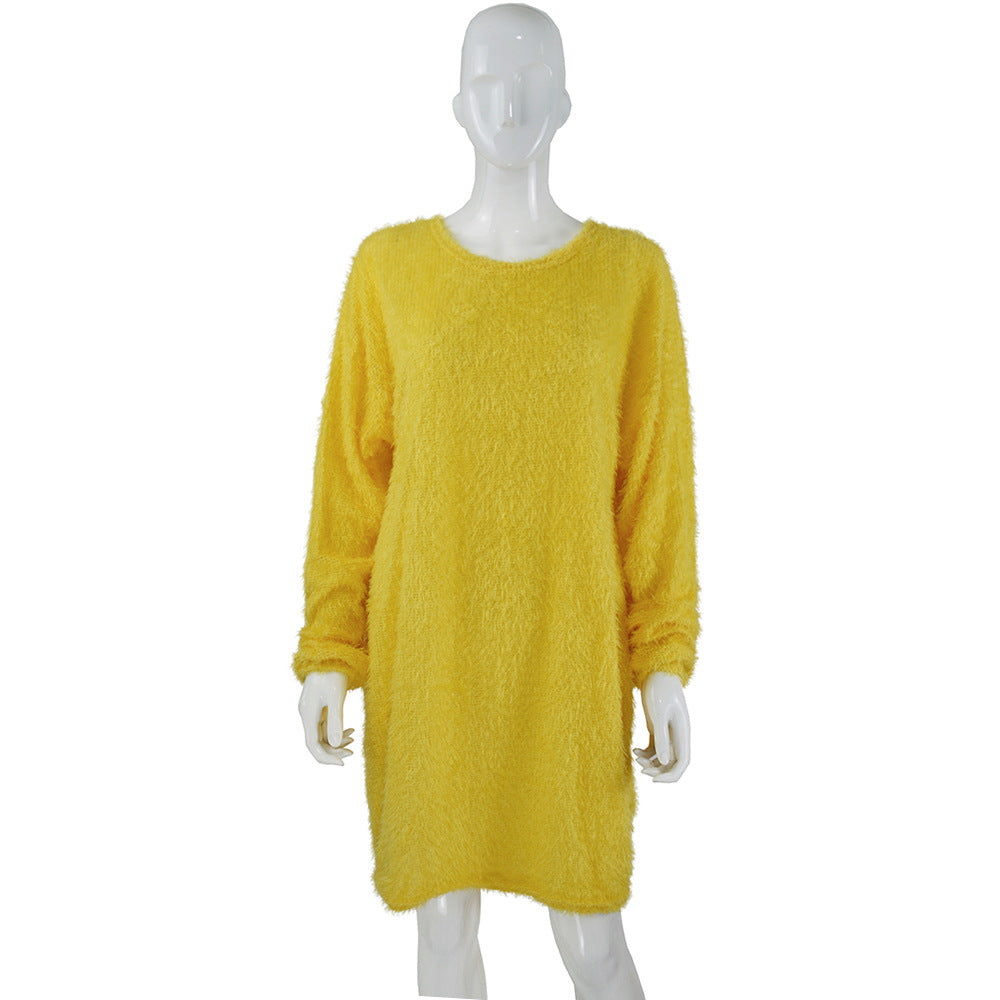 Damen Kuscheliges Oversize Plüsch-Kleid mit Rundhalsausschnitt Drune
