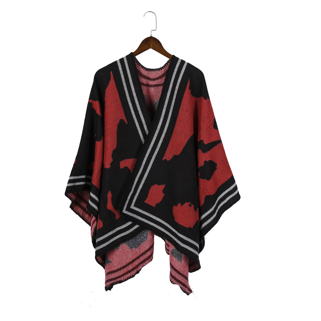 Damen Oversize-Feinstrick-Ruana mit abstraktem Jacquard und kontrastierter Kantenbordüre Drune