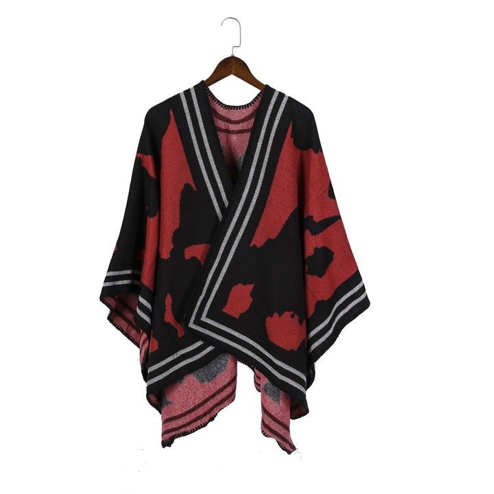 Damen Oversize-Feinstrick-Ruana mit abstraktem Jacquard und kontrastierter Kantenbordüre Drune