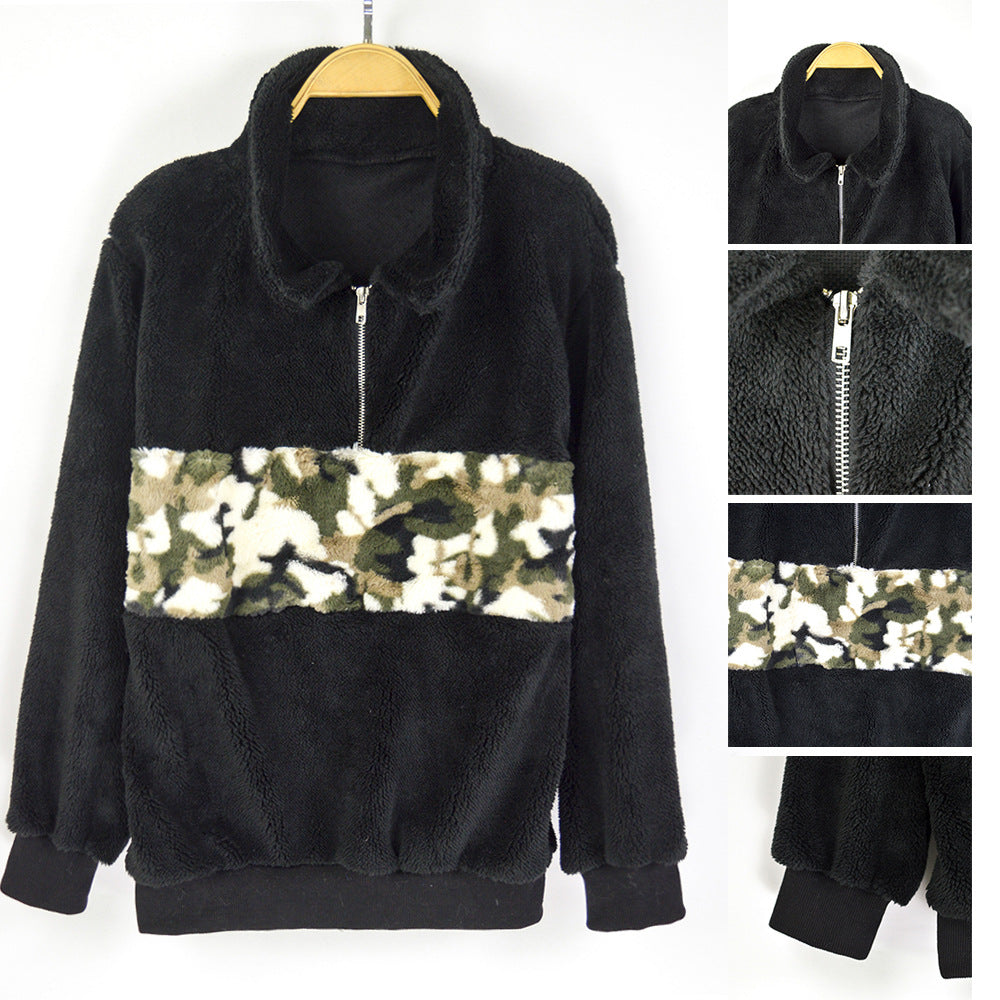 Damen Teddy-Fleece-Pullover mit kurzem Reißverschluss & Camouflage-Bund Drune