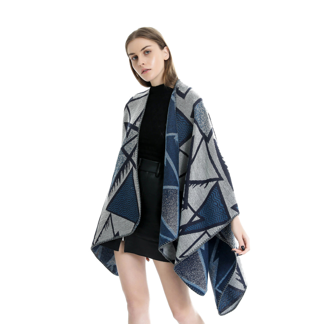 Damen Geometrischer Jacquard-Ruana-Überwurf mit offenem Fall und Zierkante Drune