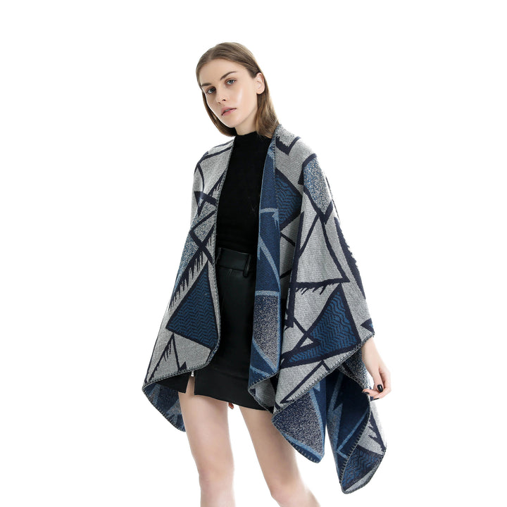 Damen Geometrischer Jacquard-Ruana-Überwurf mit offenem Fall und Zierkante Drune