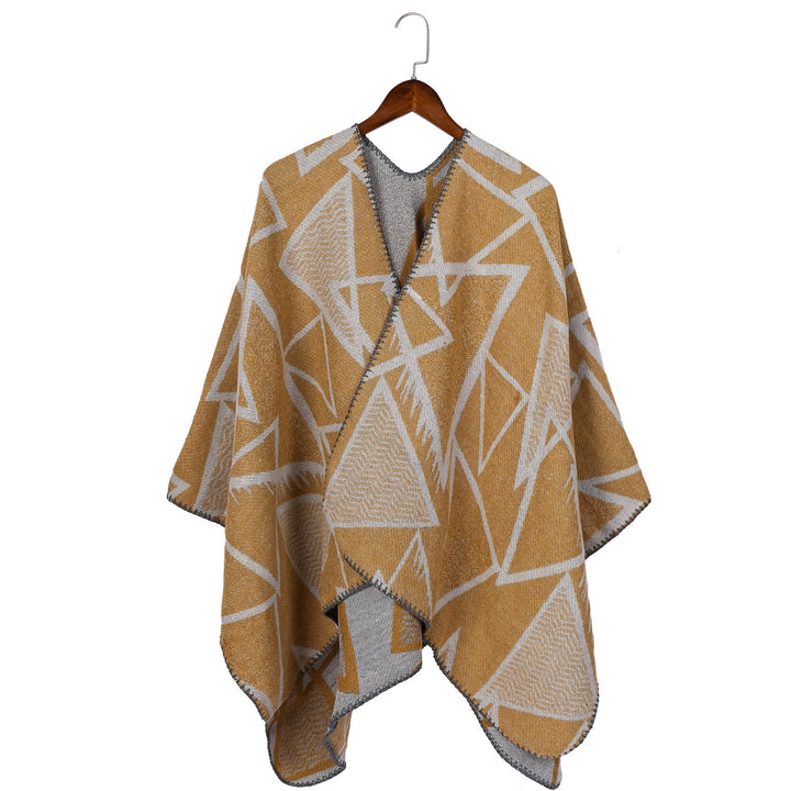 Damen Geometrischer Jacquard-Ruana-Überwurf mit offenem Fall und Zierkante Drune