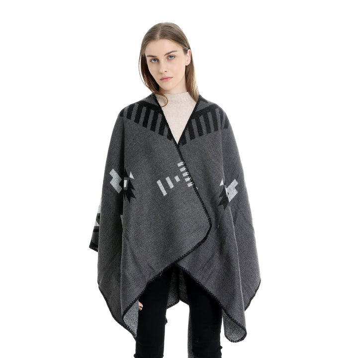Damen Jacquard-Ruana-Umhang mit geometrischem Muster und Wendefinish Drune