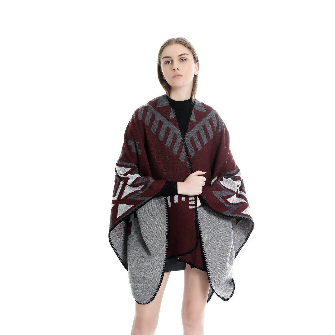 Damen Jacquard-Ruana-Umhang mit geometrischem Muster und Wendefinish Drune