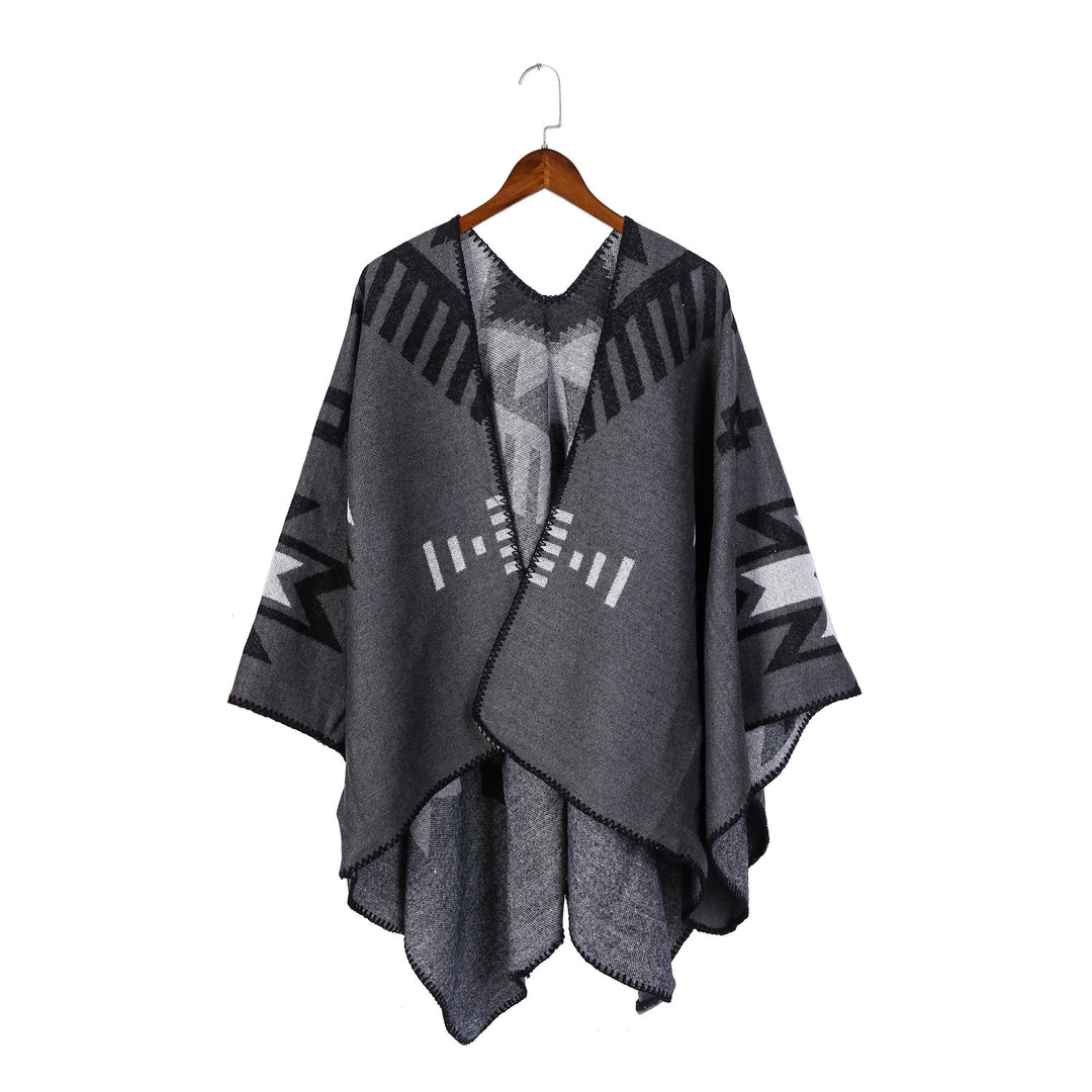 Damen Jacquard-Ruana-Umhang mit geometrischem Muster und Wendefinish Drune