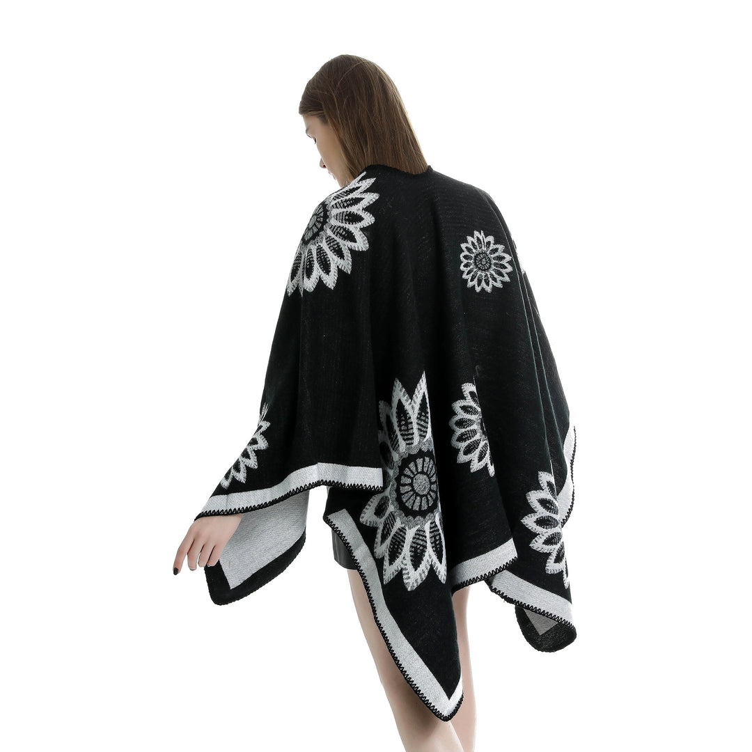 Damen Wollmix‑Ruana mit floraler Intarsienjacquard und offener Kimono‑Silhouette Drune