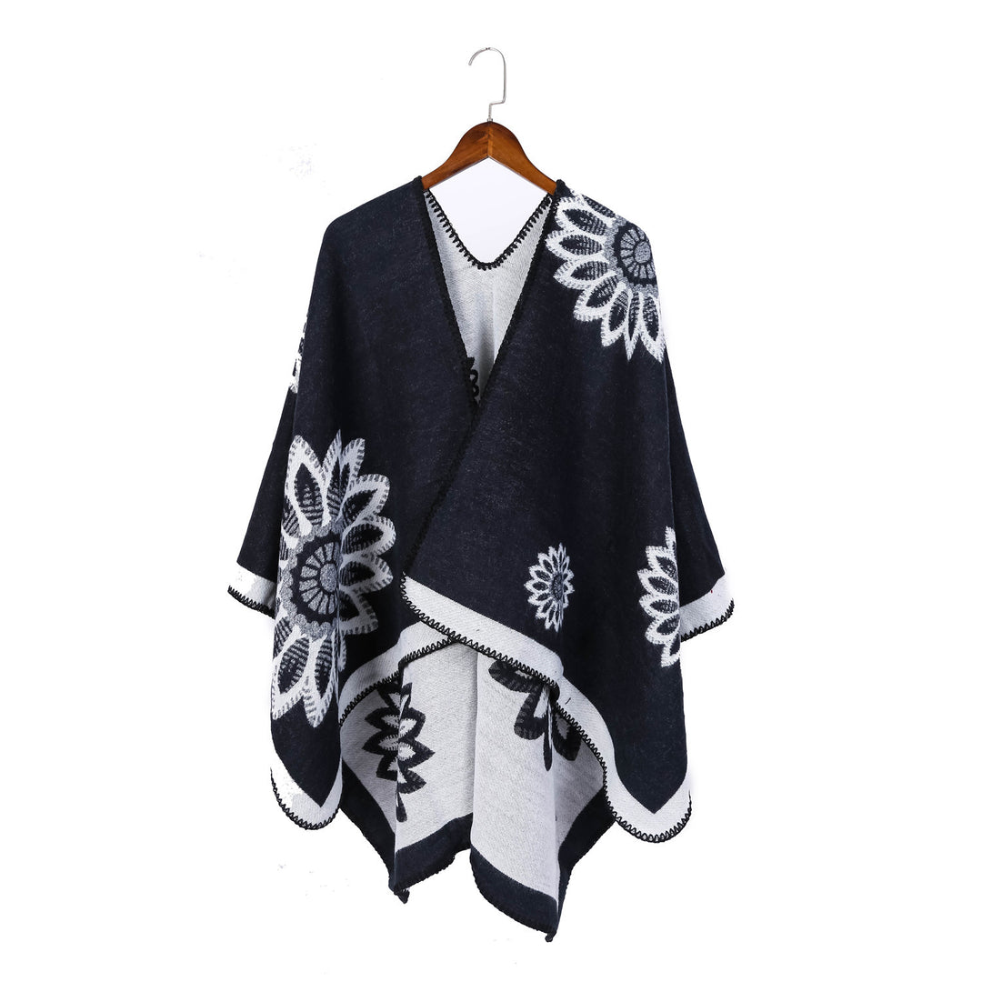 Damen Wollmix‑Ruana mit floraler Intarsienjacquard und offener Kimono‑Silhouette Drune