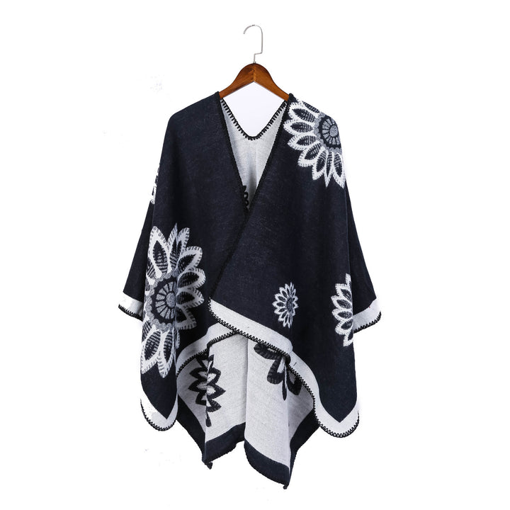 Damen Wollmix‑Ruana mit floraler Intarsienjacquard und offener Kimono‑Silhouette Drune