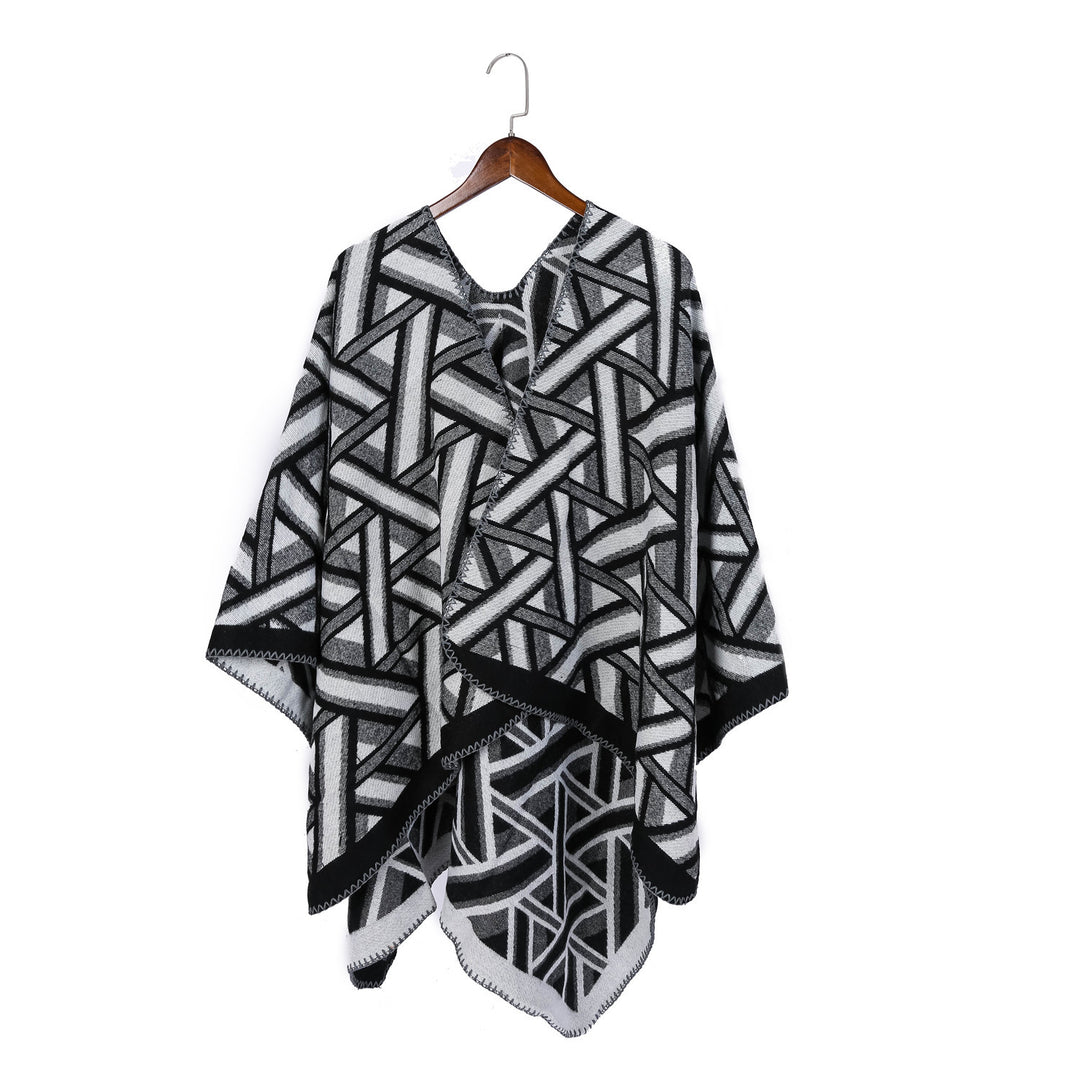 Damen Oversize-Ruana mit geometrischem Jacquard und Ziernaht Drune