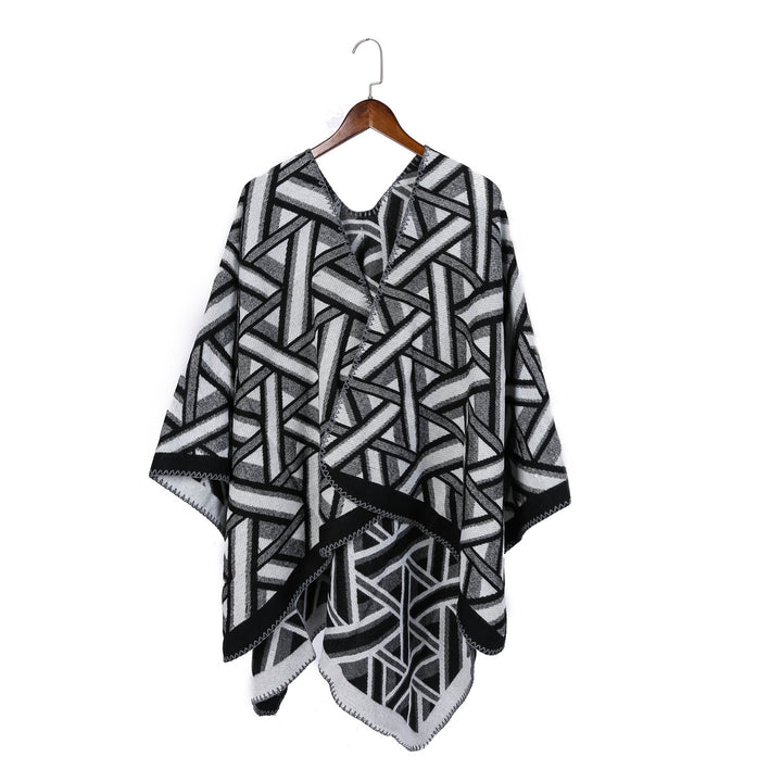 Damen Oversize-Ruana mit geometrischem Jacquard und Ziernaht Drune