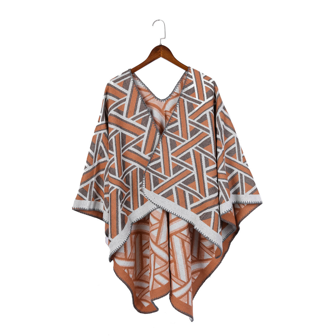Damen Oversize-Ruana mit geometrischem Jacquard und Ziernaht Drune