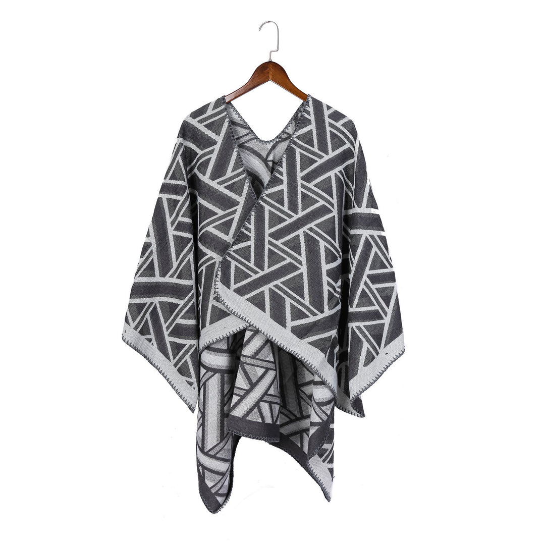 Damen Oversize-Ruana mit geometrischem Jacquard und Ziernaht Drune