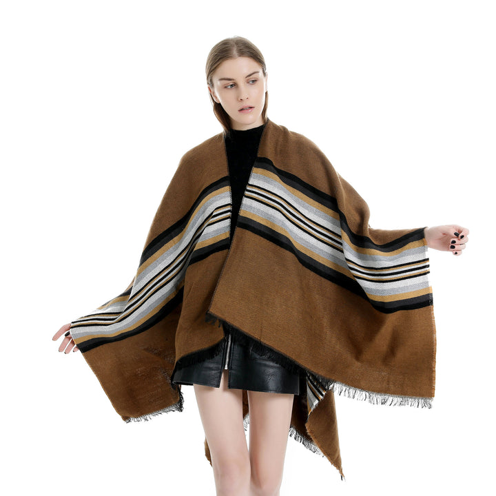 Damen Lässiger Ruana-Poncho aus Wollmix mit asymmetrischem Zipfel und feinem Streifenjacquard Drune